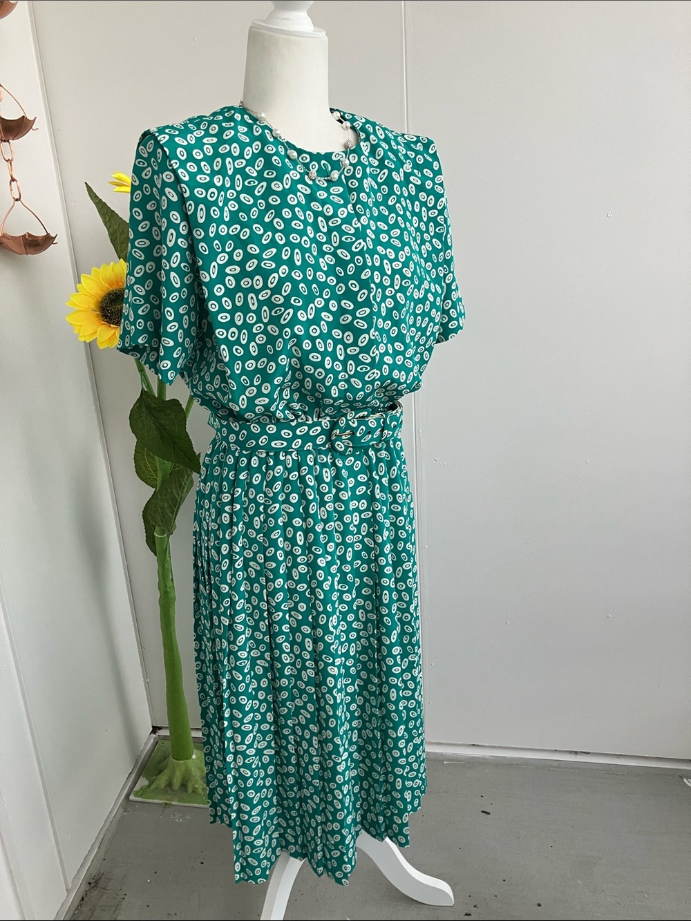 Vintage 80s Green Blue Belted Midi Secretary Dress with White Circle Print